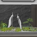 White Peacock Sculptures Indoor Landscape With Green Plants White Gravel And Dark Marble Wall