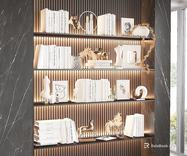 Elegant Books Arranged On Multi Layered Bookshelf With Golden Decor Photo Frames And Warm Lighting 3d model 