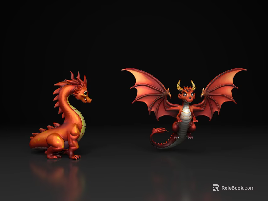 Red Dragons With Wings As Flying Animals In Two Poses Sitting And Flying 3d model 