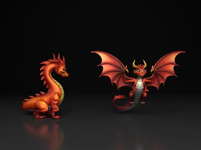 Red Dragons With Wings As Flying Animals In Two Poses Sitting And Flying 3d model