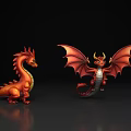 Red Dragons With Wings As Flying Animals In Two Poses Sitting And Flying