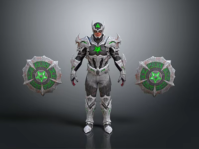 Armored Character In Silver Armor With Green Gem And Intricate Circular Shields 3d model