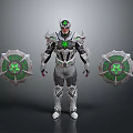 Armored Character In Silver Armor With Green Gem And Intricate Circular Shields