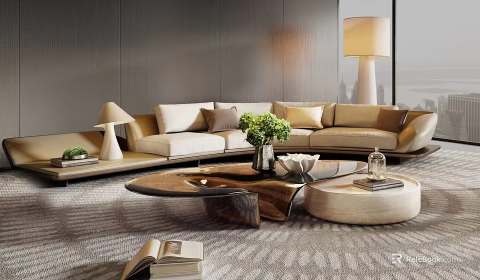 Modern L Shaped Sofa And Coffee Table Set With Decorative Pillows And Green Plant 3d model 
