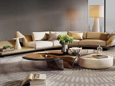 Modern L Shaped Sofa And Coffee Table Set With Decorative Pillows And Green Plant 3d model