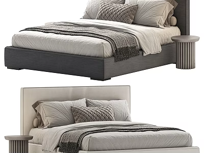 Double Bed With Two Tone Headboards Decorative Pillows Striped Blanket And Cylindrical Bedside Tables 3d model