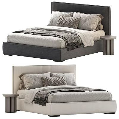 Double Bed With Two Tone Headboards Decorative Pillows Striped Blanket And Cylindrical Bedside Tables 3d model