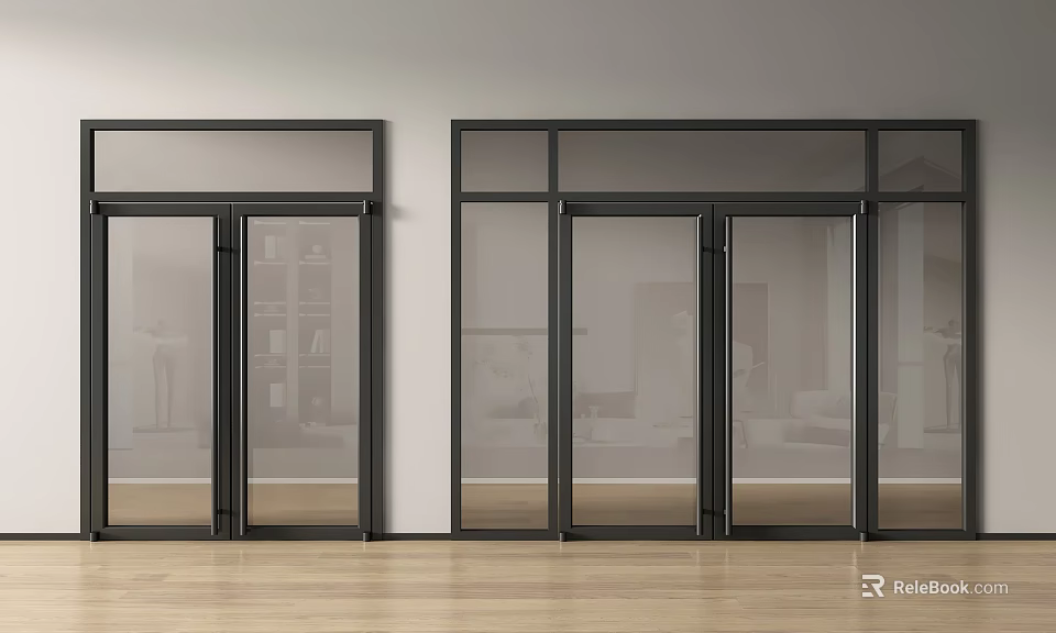Modern Glass Double Doors With Black Frame In Interior White Wall Wooden Floor Design 3d model 