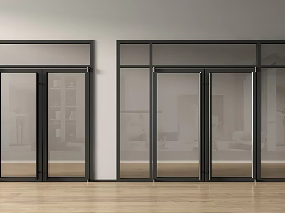 Modern Glass Double Doors With Black Frame In Interior White Wall Wooden Floor Design 3d model