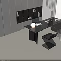 Modern Black Desk With Laptop Lamp Documents Transparent Chair Geometric Stool And Bookshelf