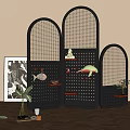 Black Room Dividers With Woven Panels Arched Tops Perforated Design And Decorative Shelves