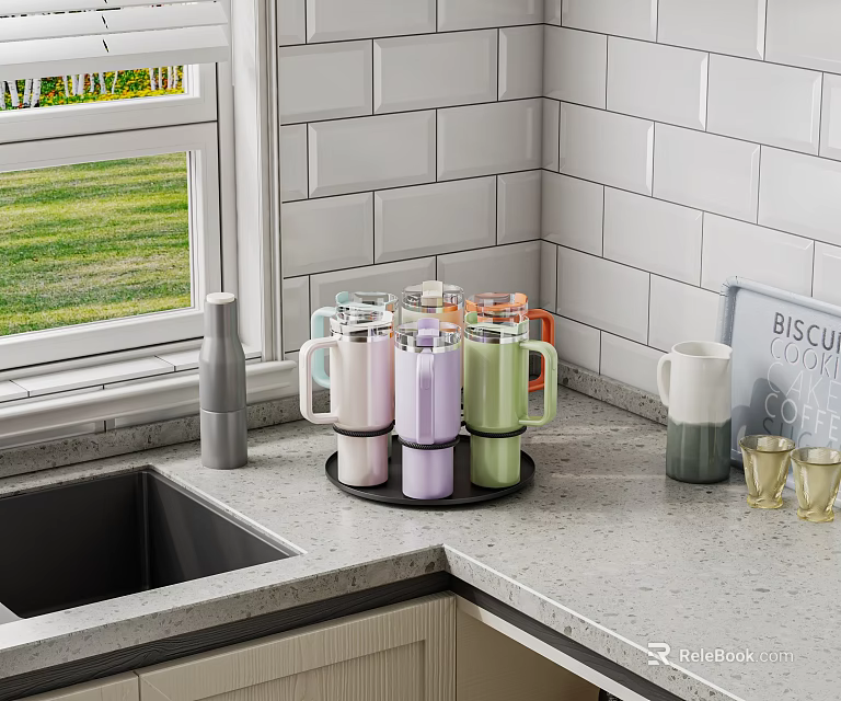 Colorful Cups With Handles On Turntable Tray On Kitchen Countertop With Window 3d model 