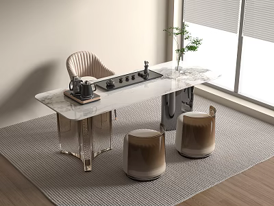 Modern Tea Table Set With Marble Top Acrylic Legs Chairs And Potted Plant 3d model