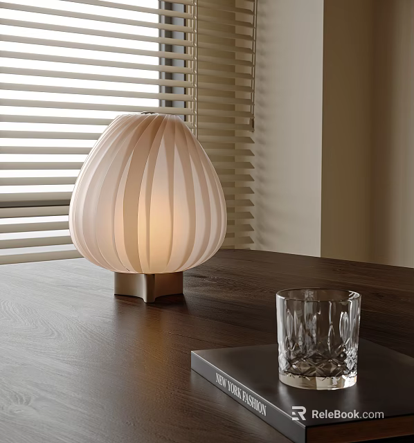 Decorative Ornament Set With White Striped Table Lamp And Transparent Glass Cup On Wooden Tabletop 3d model 