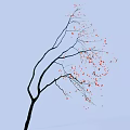 Tall Arbor Tree With Slender Branches And Red Blossoms On Light Blue Background