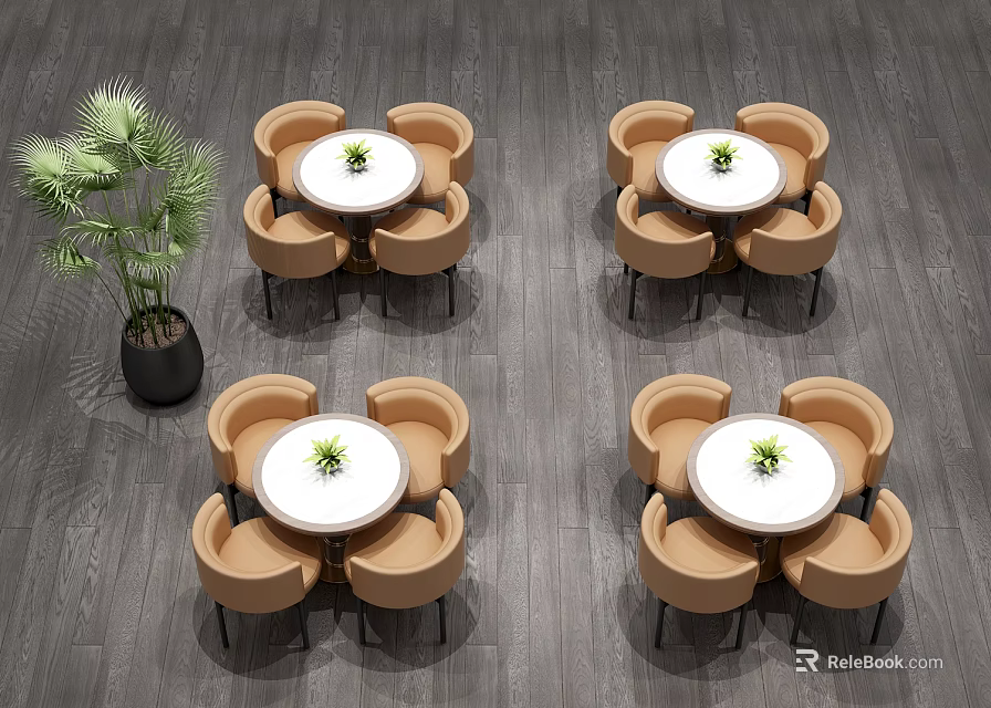 Light Brown Sofa and Round White Coffee Table Set with Green Plant on Wooden Floor 3d model 