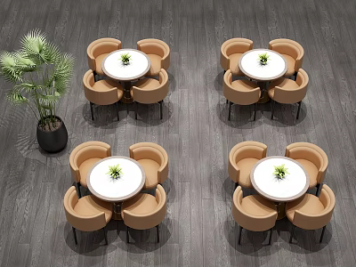 Light Brown Sofa and Round White Coffee Table Set with Green Plant on Wooden Floor 3d model