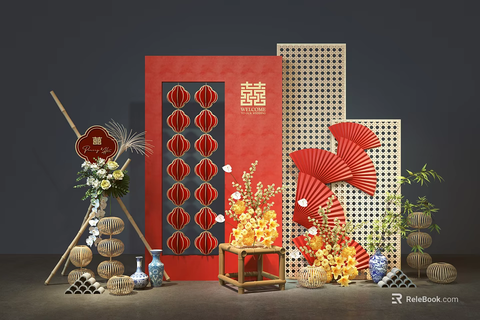 Traditional Chinese Wedding Floral Display With Red Lanterns Fans And Bamboo Decorations 3d model 