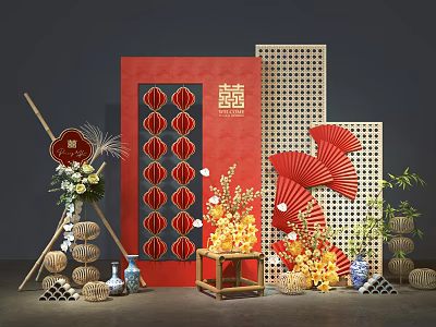 Traditional Chinese Wedding Floral Display With Red Lanterns Fans And Bamboo Decorations 3d model