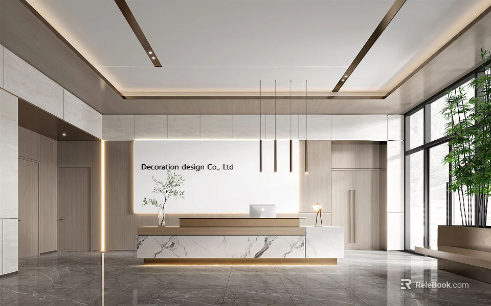 Modern Reception Interior Design With Marble Countertop Company Logo Wall And Hanging Pendant Lights 3d model 