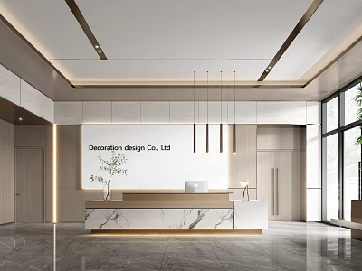 Modern Reception Interior Design With Marble Countertop Company Logo Wall And Hanging Pendant Lights 3d model
