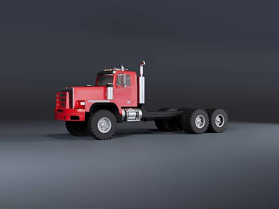 Red Heavy Duty Truck Cab With Multiple Wheels On Gray Background 3d model