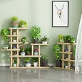Indoor Garden Plant Display With Wooden Multi tiered Shelves And Green Potted Plants