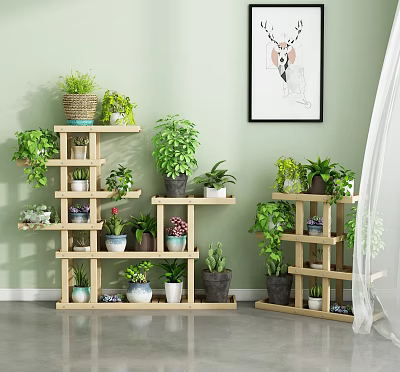 Indoor Garden Plant Display With Wooden Multi tiered Shelves And Green Potted Plants 3d model