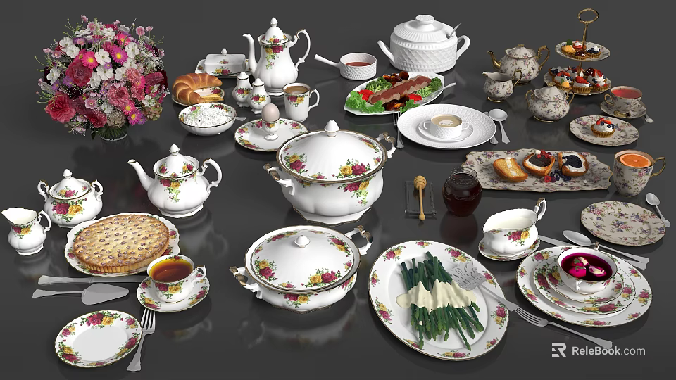Elegant Floral Porcelain Tableware Set With Teapots Cups Plates And Serving Bowls 3d model 