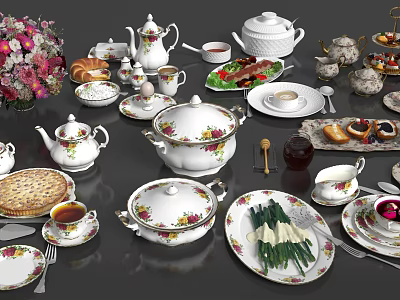 Elegant Floral Porcelain Tableware Set With Teapots Cups Plates And Serving Bowls 3d model