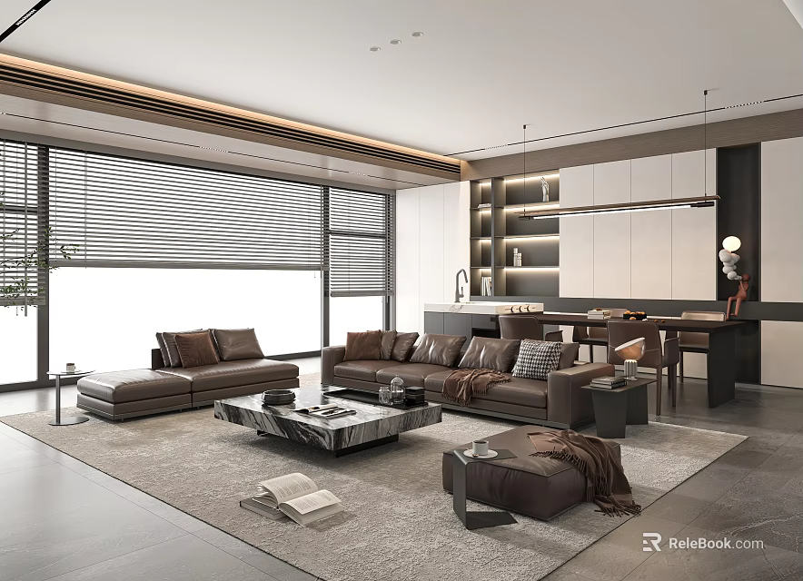 Modern Living Dining Room With Large Windows Blinds Brown Sofas And Marble Coffee Table 3d model