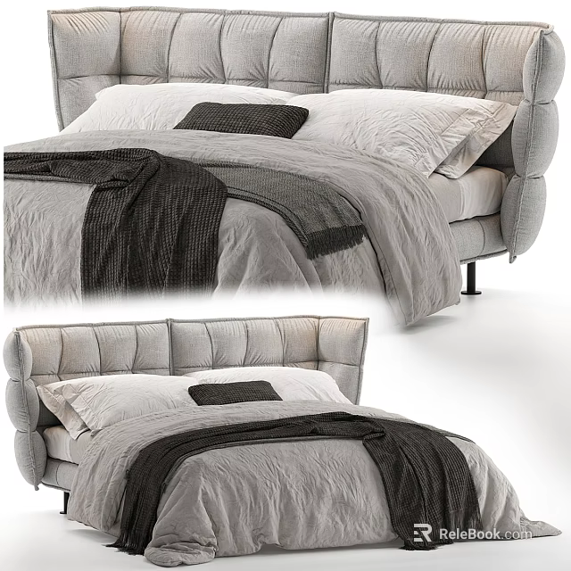 Modern Double Bed Design With Padded Headboard And Gray Bedding 3d model
