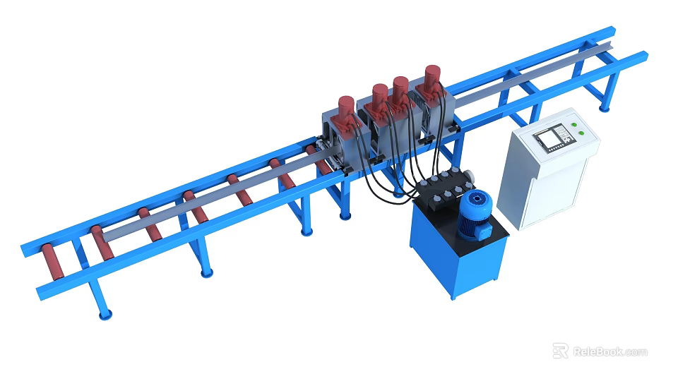 Industrial Conveyor Equipment with Blue Frame Red Processing Units and Control Panel 3d model