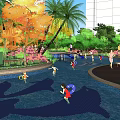 Urban Swimming Pool With Tropical Palms Greenery City View Lounge Chairs And People Recreation