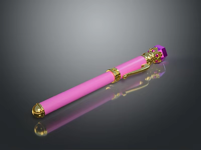 Stylish Pink Writing Pen With Gold Decorations And Purple Gemstone Top 3d model