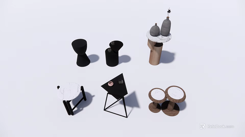 Modern Minimalist Round Side Tables With Wooden Tops And Decorative Stools Set In Living Space 3d model 