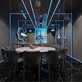 Modern KTV Room Interior With Blue Neon Lights Mirrored Walls Round Table And Chairs