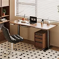 Modern Home Office Wooden Desk With Laptop Lamp And Leather Chair