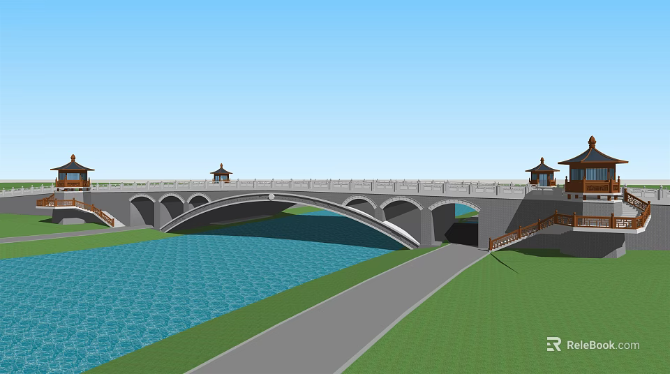 Scenic Arch Bridge with Traditional Pavilions Over Blue Water and Green Lawn Pathway 3d model 