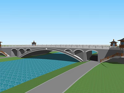 Scenic Arch Bridge with Traditional Pavilions Over Blue Water and Green Lawn Pathway 3d model
