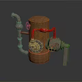 Industrial Mechanical Equipment With Rusted Metal Vessel Red Pipes And Valves