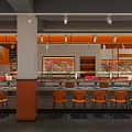 Modern Hotpot Restaurant Interior With Orange Gray Counter Menu Display And Colorful Wall Art