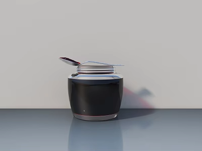 Hand Carved Black Jar With Metal Lid And Small Spoon On Gray Tabletop 3d model