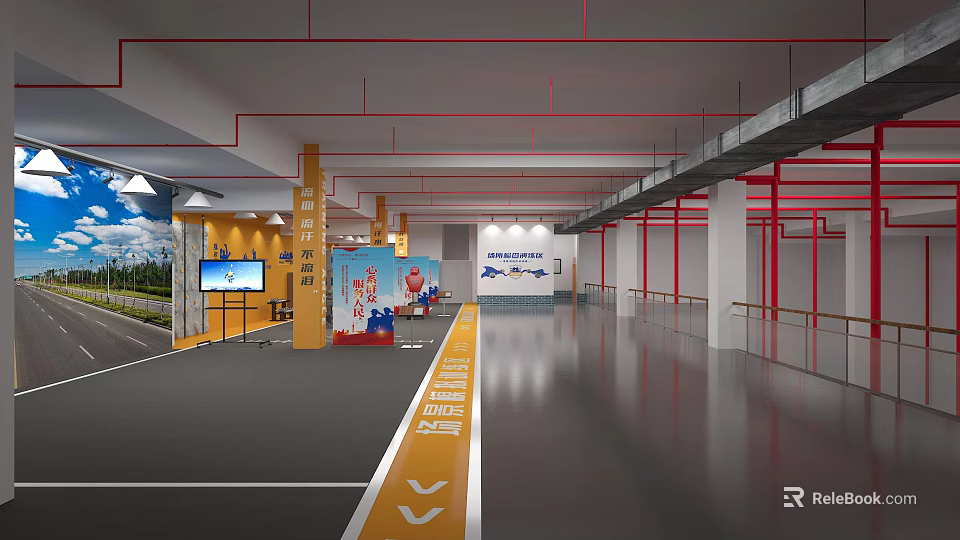 Indoor Parking Lot With Yellow Directional Arrows Digital Screen Red Pipes And Advertising Banners 3d model 