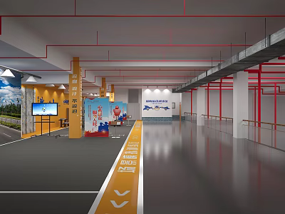 Indoor Parking Lot With Yellow Directional Arrows Digital Screen Red Pipes And Advertising Banners 3d model