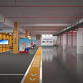 Indoor Parking Lot With Yellow Directional Arrows Digital Screen Red Pipes And Advertising Banners