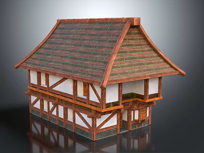 Cartoon Scene Of Traditional Wooden House With Sloped Roof Two Story Structure And White Walls 3d model