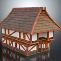 Cartoon Scene Of Traditional Wooden House With Sloped Roof Two Story Structure And White Walls