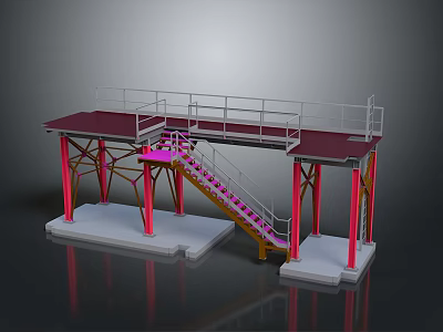 Modern Furniture Platform With Red Top White Railings Pink Stairs Yellow Columns And White Base 3d model