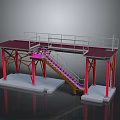 Modern Furniture Platform With Red Top White Railings Pink Stairs Yellow Columns And White Base